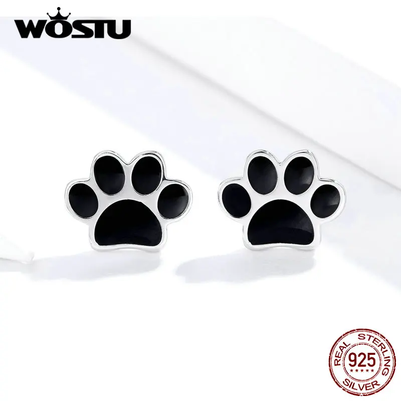 WOSTU Paw Dog Footprint Black Stud Earrings 925 Sterling Silver For Women Silver 925 Jewelry Small Earrings FIE757