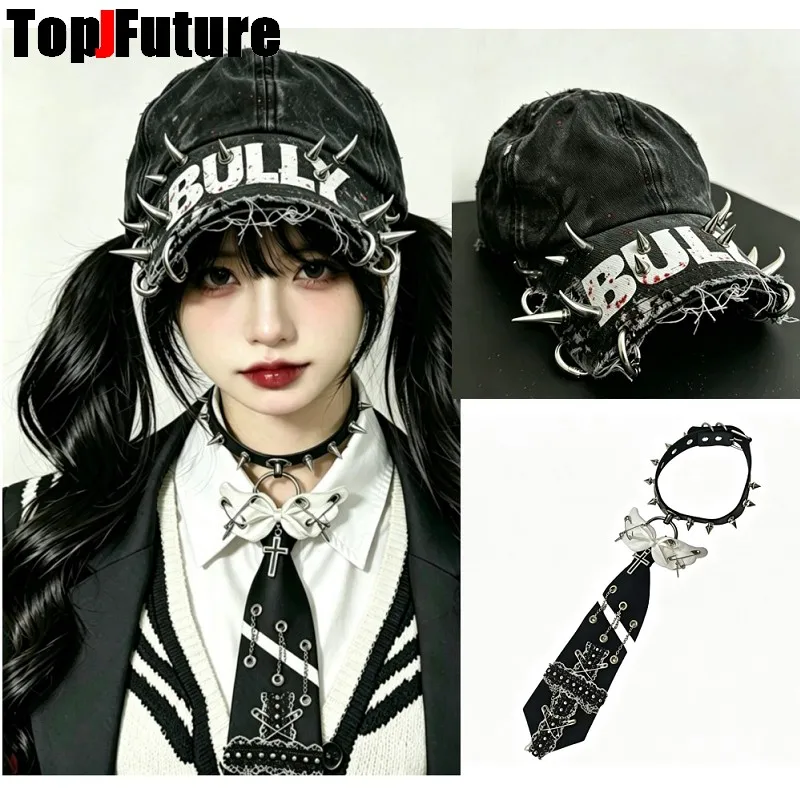 Subcultural Punk Vintage Worn‑out Cap Y2K Spiked Rivet Baseball Grunge Distressed Hat Blood‑Splatter Cap Distressed Ripped Hat