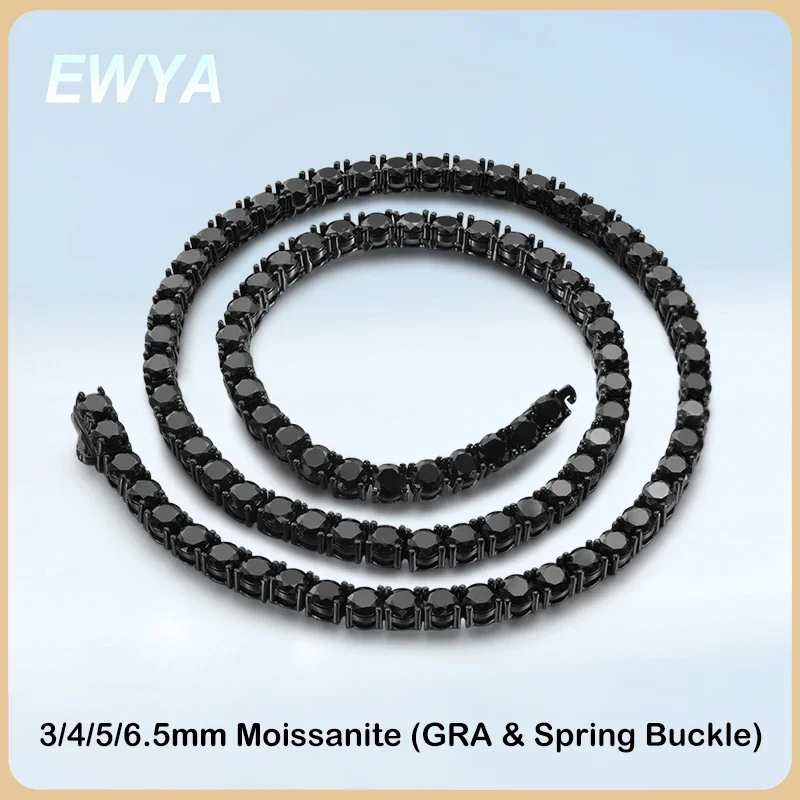 

EWYA GRA Certified Full 3/4/5MM Black Moissanite Tennis Necklace for Women Men S925 Plated White Black Gold Neck Chain Necklaces