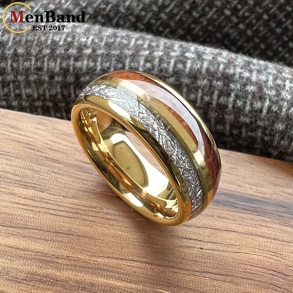 MenBand 6/8MM Men Women Tungsten Carbide Rings with Koa Wood Bright Meteorite Inlay Domed polishing Comfort Fit