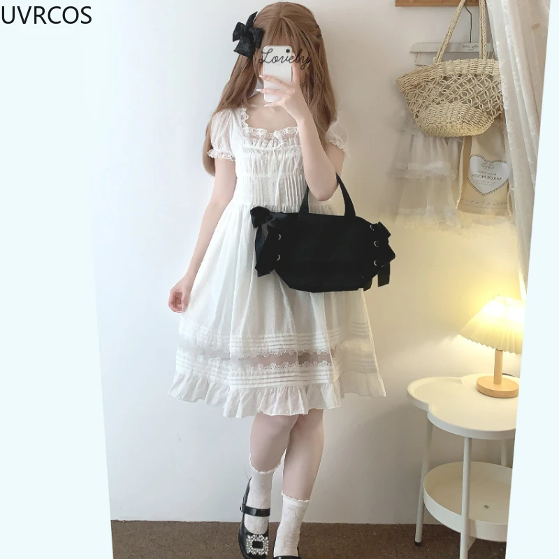 Sweet Elegant Lolita Mini Dress Women Japanese Kawaii Cute Lace Square Neck Fairy Dresses Korean Summer Party Princess Dresses