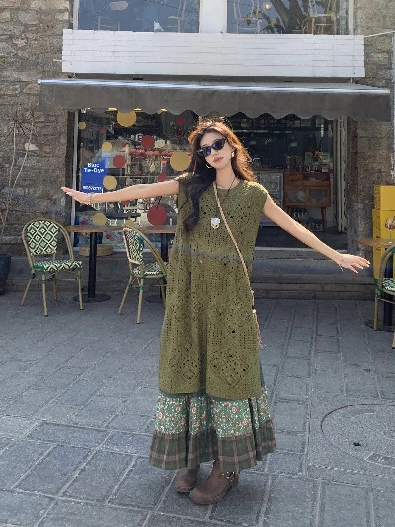 

Retro Ethnic Vaion Sle Hollow out Knitted Midi Skirt Set Women's High Waist Floral Print f Body Sweater And Skirt Ens...