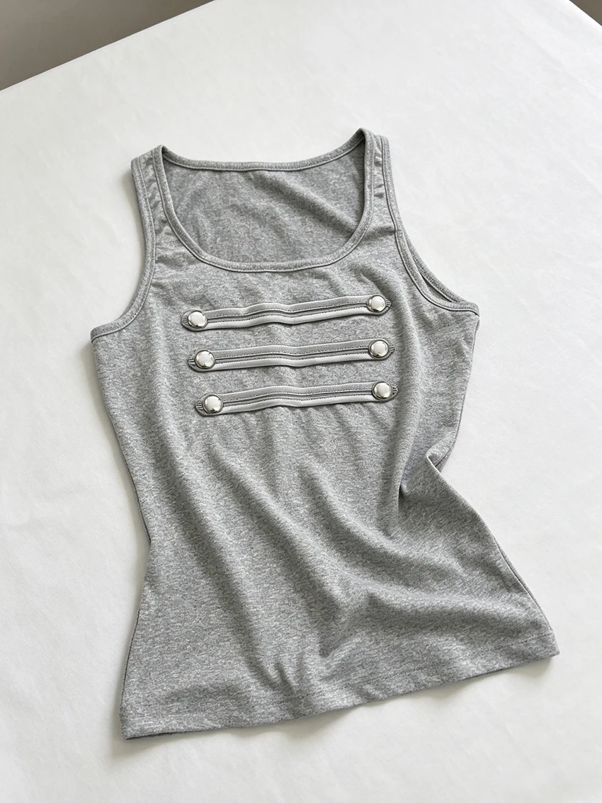 Y2K Gothic Women Sleeveless Tank Tops Front Metal Button Decor U Neck Slim Fit Crop Vest Streetwear Punk Fashion Basic Camisoles