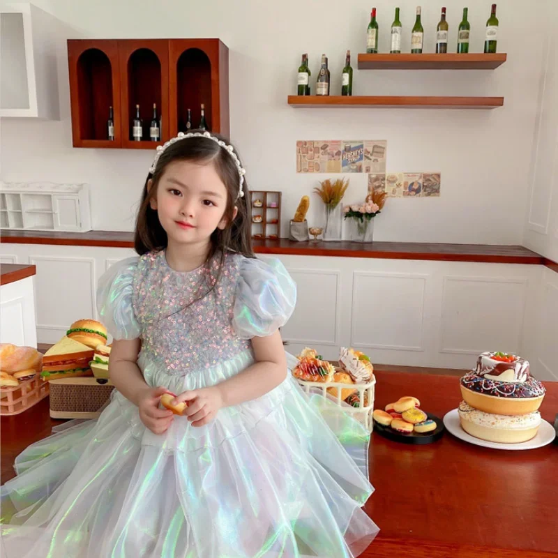 Vestido de pastel de malla para niñas, vestido de princesa con lentejuelas, tutú de manga abombada, vestido de fiesta de cumpleaños de moda para niños de 2 a 8 años, nuevo