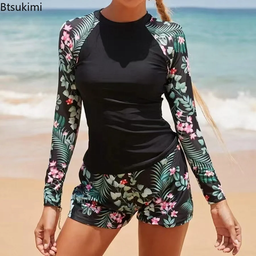 2025 maiô feminino tankini conjunto de manga longa banho feminino surf esportes piscina beachwear fatos de banho de duas peças com shorts