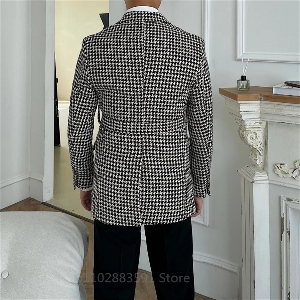 Houndstooth Double Breasted Wedding Suits For Men 2 Piece Slim Fit Male Fashion Groom Tuxedo Set With Belt Latest Design 2024