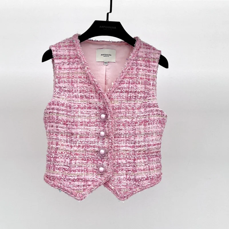

Pink V-neck Sleeveless Small Fragrance Short Female Vest Fashion Sweet Vintage Wine High Quality Tweed French Vest Top Women