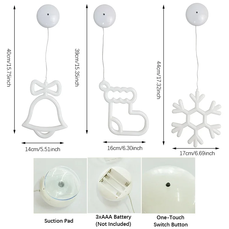 Lampu Dinding Jendela, Bertenaga Baterai, Bentuk Kepingan Salju & Lonceng & Stoking dengan Suction Cup untuk Ramadhan, Liburan, Dekorasi Rumah