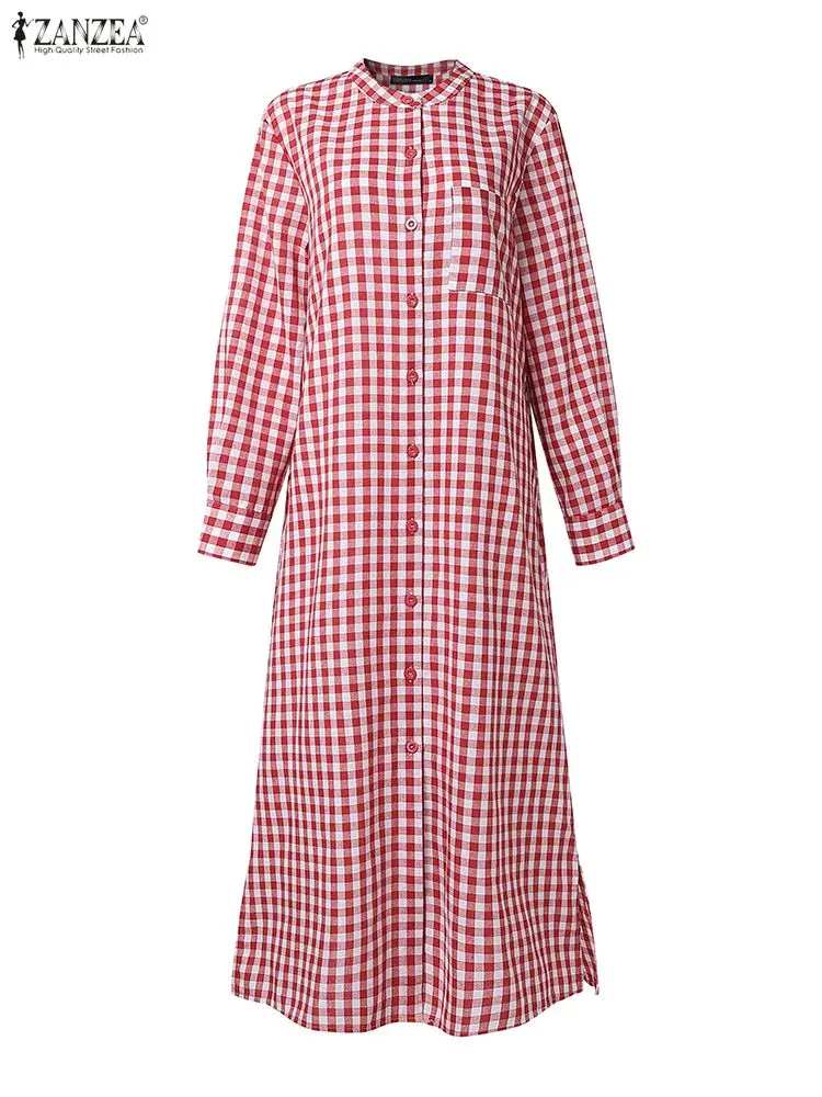 فستان نسائي غير رسمي منقوش لربيع 2025 بأكمام طويلة ورقبة دائرية وأزرار حتى الجيب وفتحة جانبية منقوشة فساتين طويلة طويلة من ZANZEA Woman #1