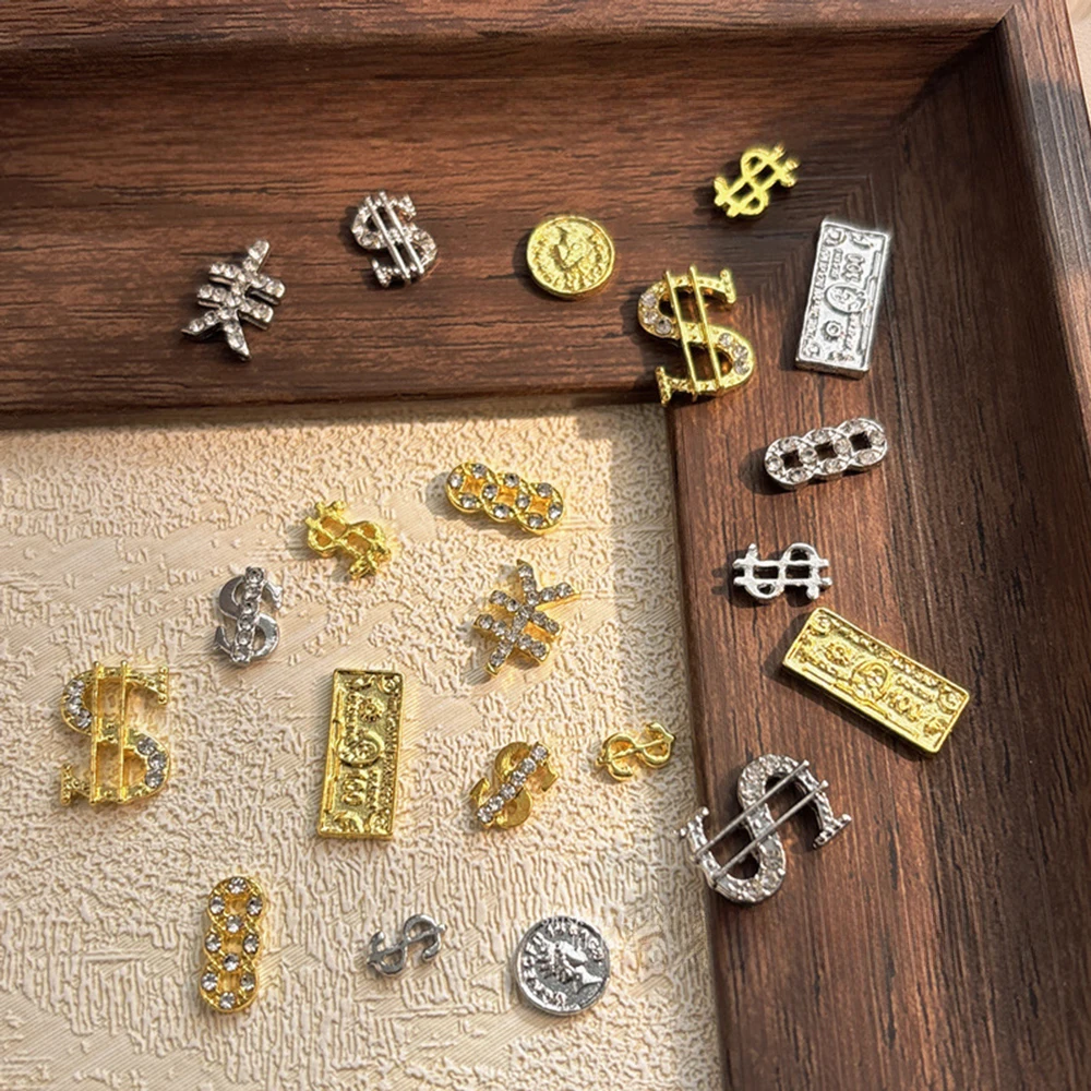 40 sztuk/opakowanie Ozdoby do paznokci w kształcie znaku dolara Srebrne Złote Pieniądze Metalowe Cyrkonie 3D Błyszczące Luksusowe Damskie Dziewczęce DIY Akrylowe Paznokcie