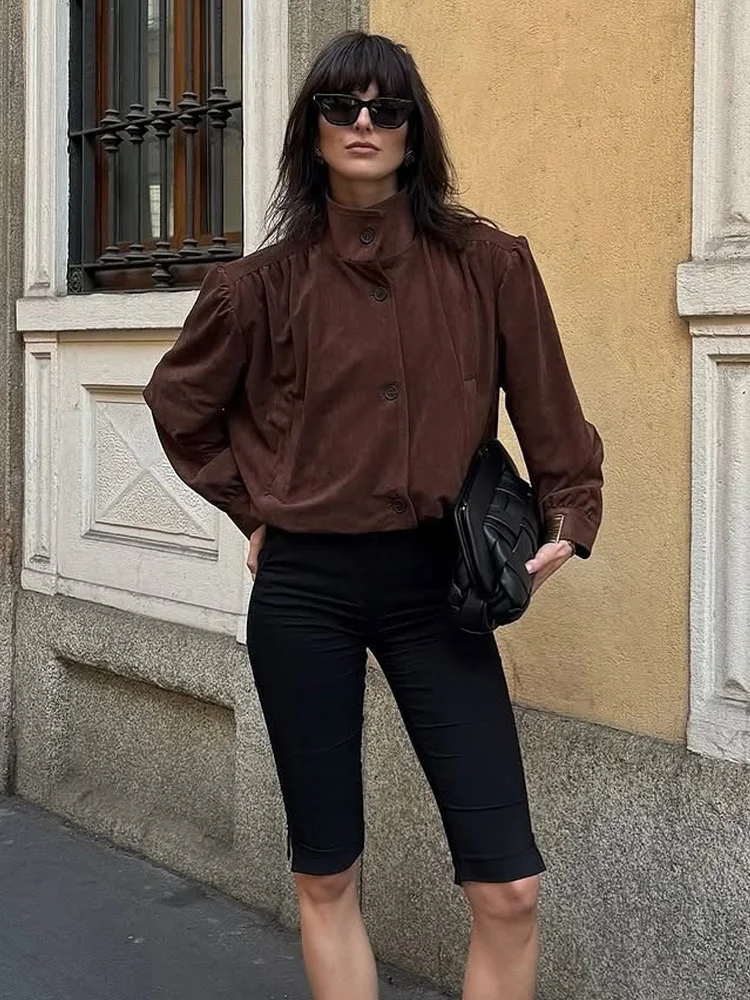 HH Women 2025 Autumn Vintage Suede Pleated Jacket Female Temperament Turtleneck Single-breasted Pockets Casual Short Coat