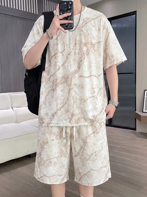 Conjunto Casual Masculino de Seda Gelada Verão 2026 Novo Kit Solto com Camiseta de Manga Curta e Shorts Masculino Completo em...