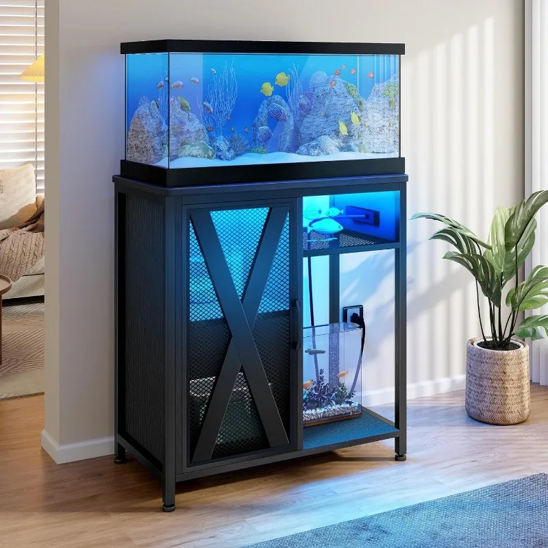 

40-50 Gallon Aquarium Stand with Power Outlets & LED Light, Cabinet for Fish Tank Accessories Storage - Metal Fish Tank