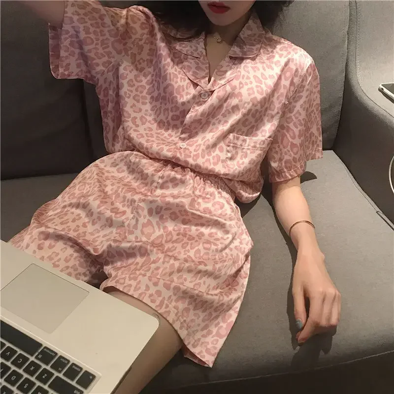 

Pajama Sets Women Sexy Leopard Pattern Lace Patchwork Comfortable Long Sleeve Females Home Wear Tops Elastic Waist Trousers Chic
