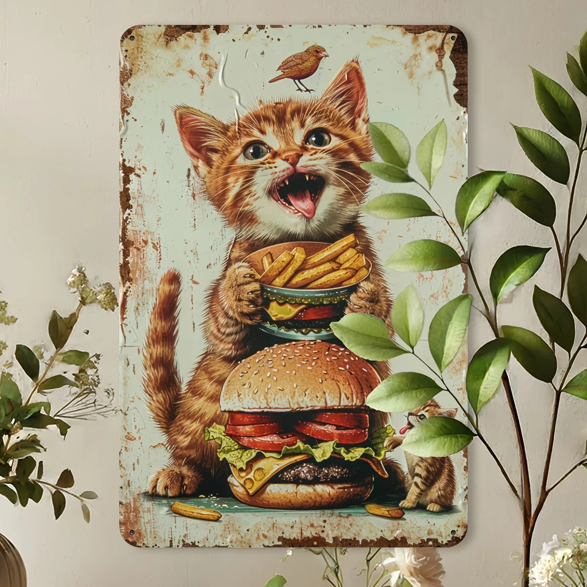 2D Flat Cat Eating Burger Metal Tin Sign, Use for Home, Restaurant, Bar, Cafe, Garage - Multipurpose, Metal Wall Art Decor