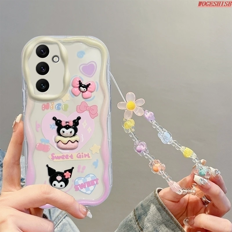 3D Kuromi Cute Bear Wave Phone Case For Tecno Spark 10 Pro 10C 9 8C 5 4 Go Camon 20 15 16S 12 Pop 7 Wrist Strap Cartoon Cover