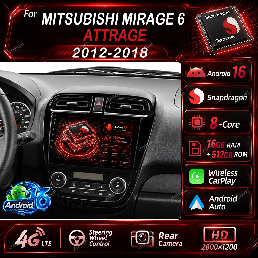 Android 16 Video Player For Mitsubishi Mirage 6 Attrage 2012 2013 2014 2015 2016 2018 Multimedia Car Radio GPS Carplay Stereo BT