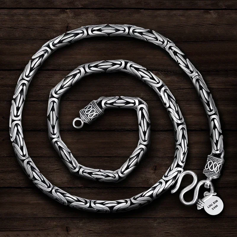 DF New Silver Color Men's Necklace Pingan Pattern Retro Personality Trendy Thick And Long Jewelry Accessories