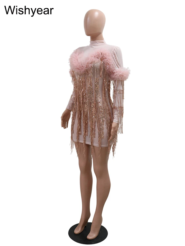 New Pink Sequin Tassel Mesh Fuffles Prom Bar Short Dress Women Birthday Party Evening Celebrate Performence Costume Vestidos