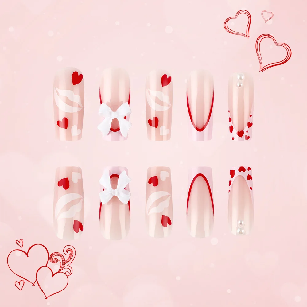 24 stuks witte strik druk op nagels ins frans rood hart lip print kunstnagels dames dame draagbaar Valentijnsdag geschenk nepnagels