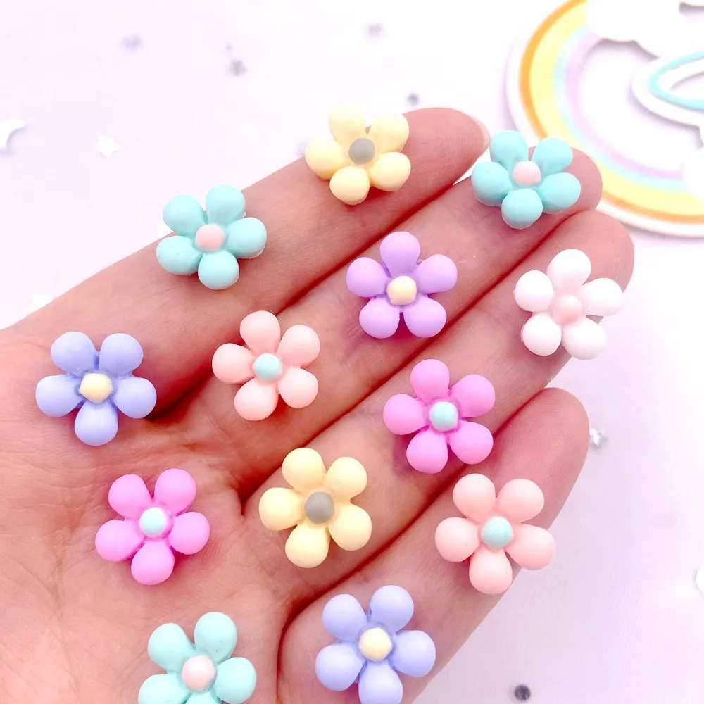 Spring Color 50Pcs 14mm Resin 3D Colorful Flower Flatback Figurines Scrapbook DIY  Hair Hoop Accessories Decor Crafts