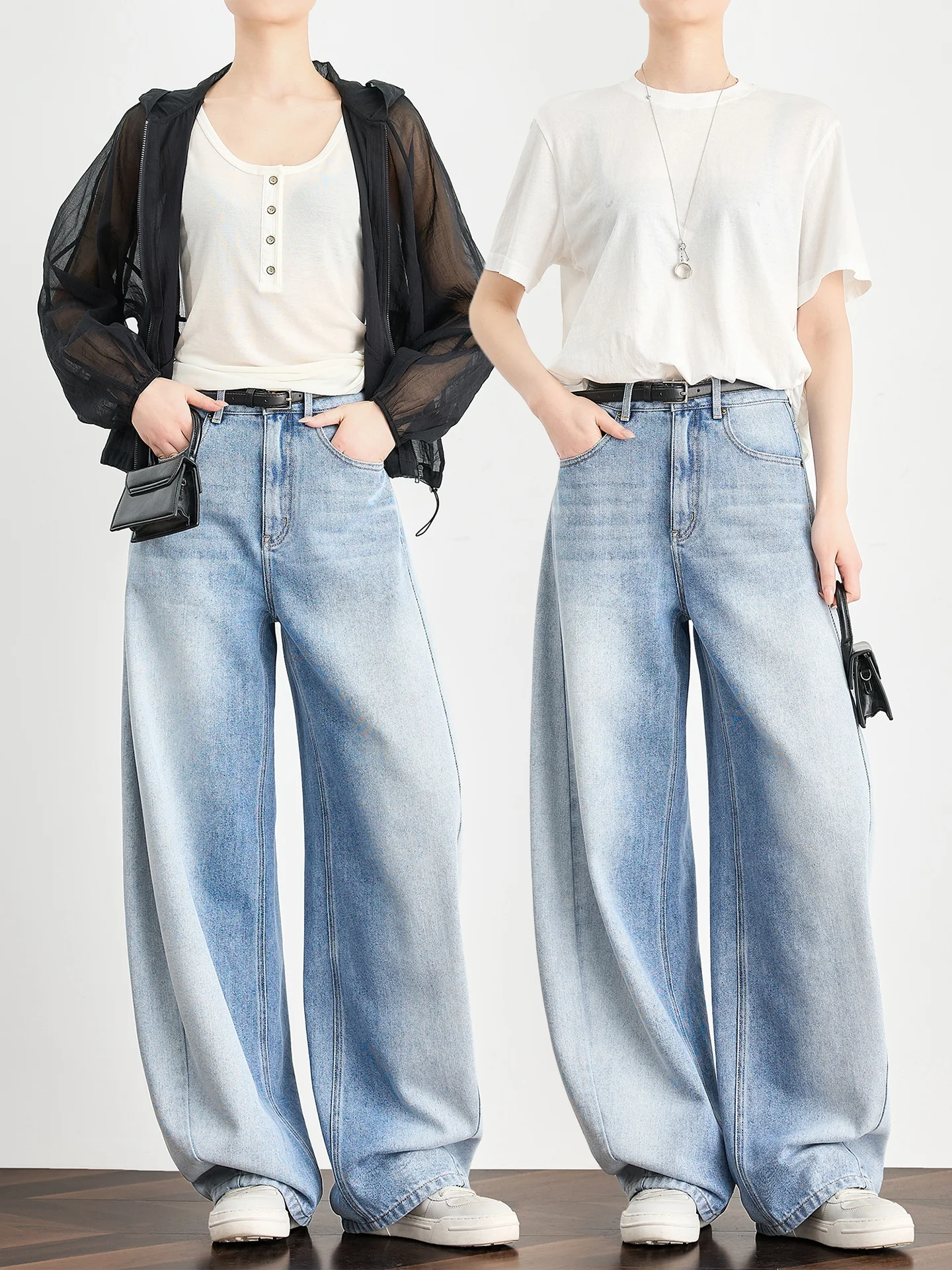 

TUMPUS Egg-shaped Wide Leg Pants Light Blue Linen Silk Denim High Waist Summer Long Women's Jeans Casual Comfortable Fit