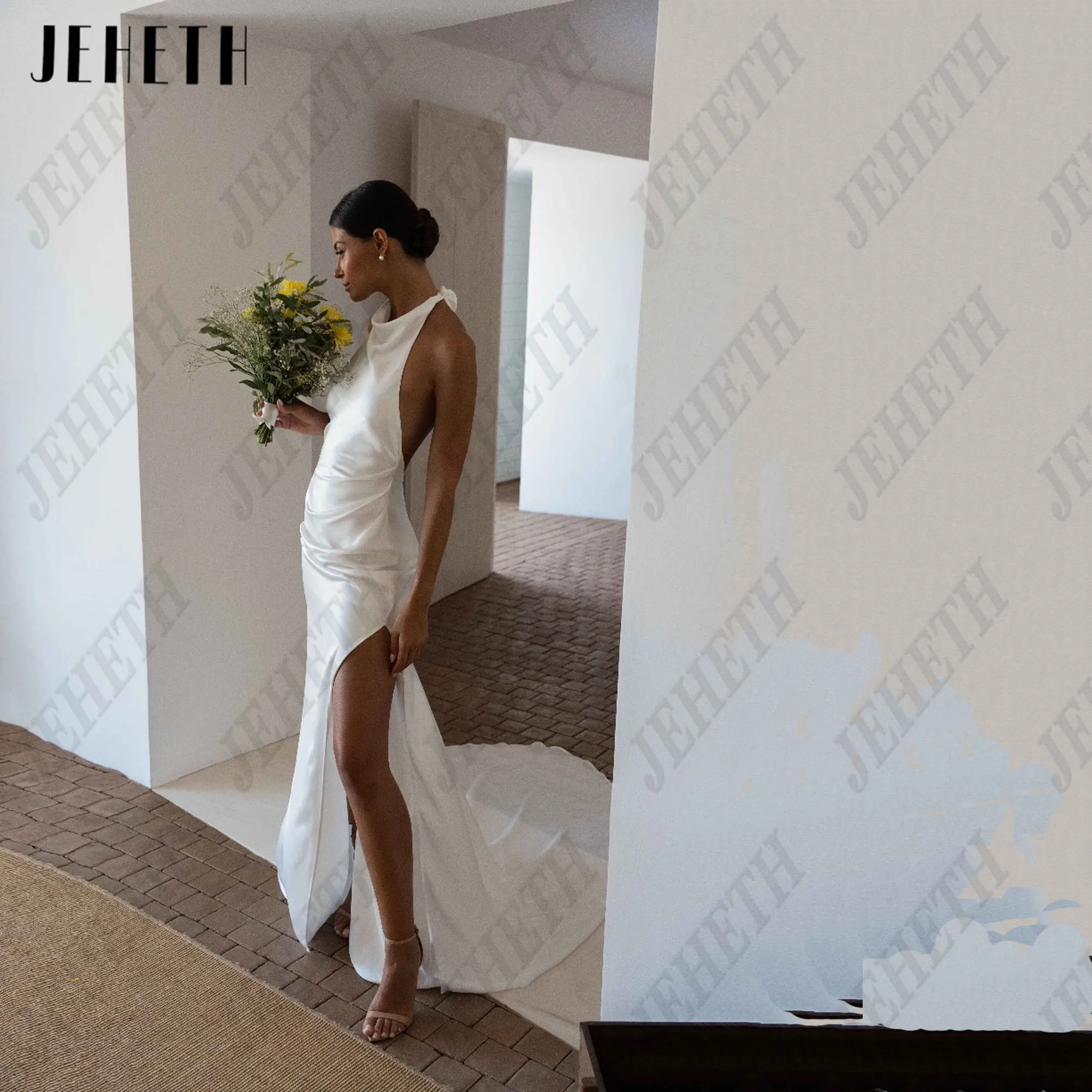 JEHETH-vestido de novia sencillo de sirena, sin mangas, con cuello Halter, satén, espalda abierta, abertura lateral alta, largo hasta el suelo, personalizado Jeheth tirantes sin mangas sencillas sirenas vestidos de nov
