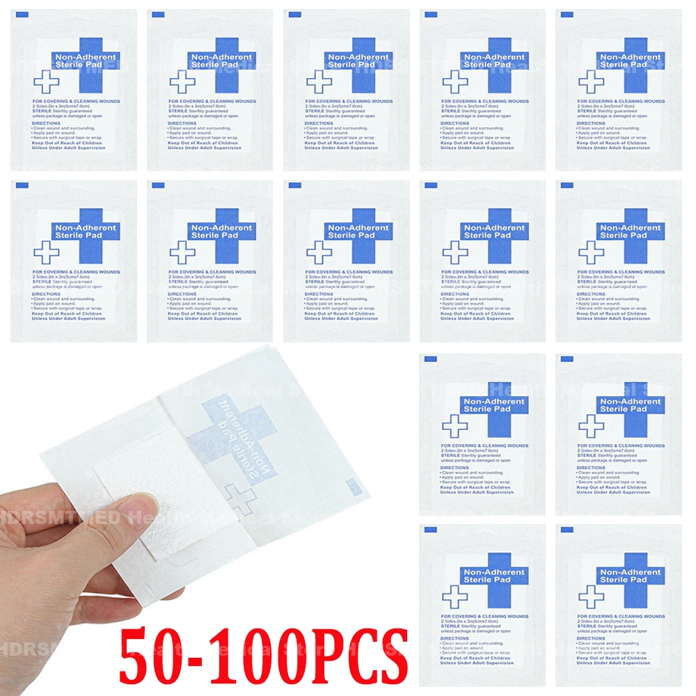 50-100pcs 5*7.6cm 100% Cotton Waterproof Gauze Pad Non-adherent Pad First Aid Kit Wound Dressing Tapes Sterile Medical Gauze Pad