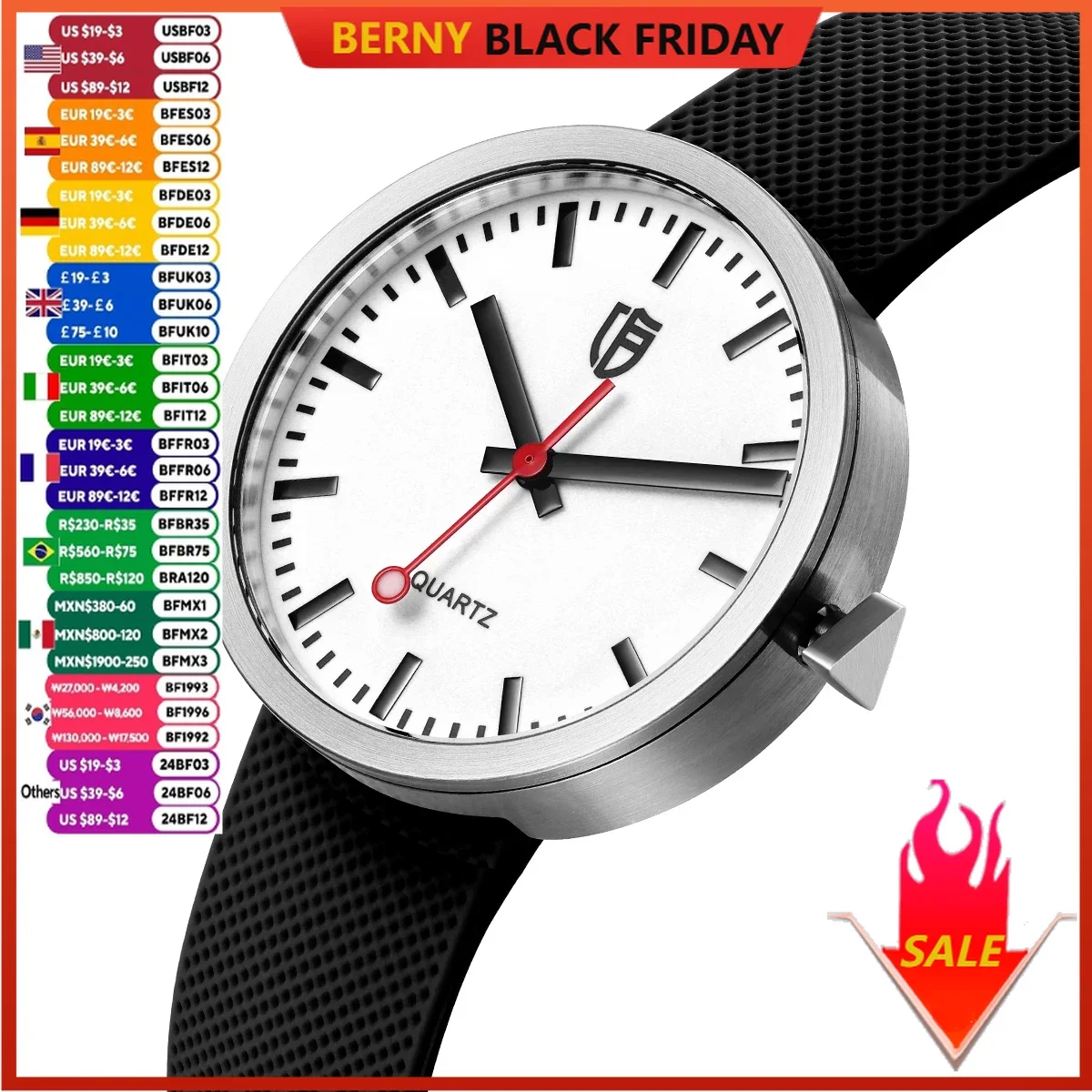 BERNY Men/Women Quartz Watches 38mm Luminous Dial Railways Sports Sapphire 5ATM Stainless Steel Classic Men's Wristwatch