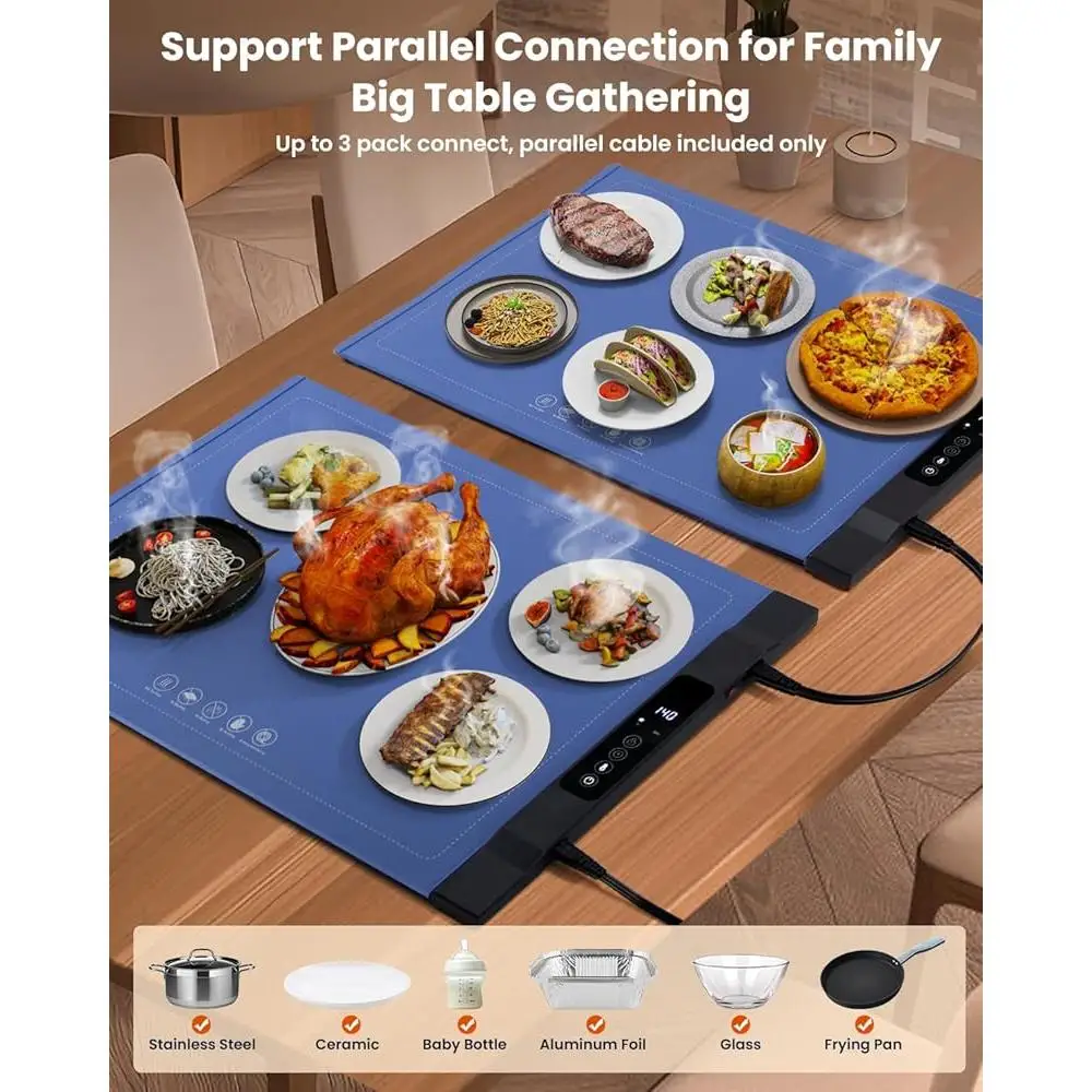 Electric Warming Tray Kitchen Countertop Food Warmer with 7 Temperature Settings 6 Hour Timer Safe Eco-Friendly Silicone Design