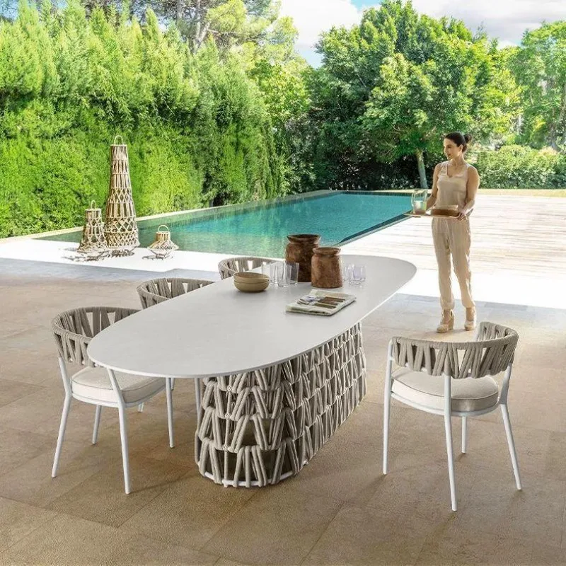 luxury rattan chair courtyard leisure Internet celebrity milk tea shop dining table three-piece outdoor rock slab dining chair