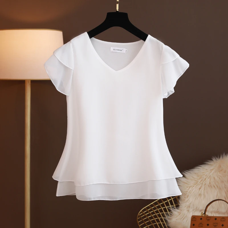 Fashion Brand Spring Summer Short-sleeved V-neck Chiffon Shirt Tops Large Size Loose and Thin Women Casual Shirts Shirts Blouses