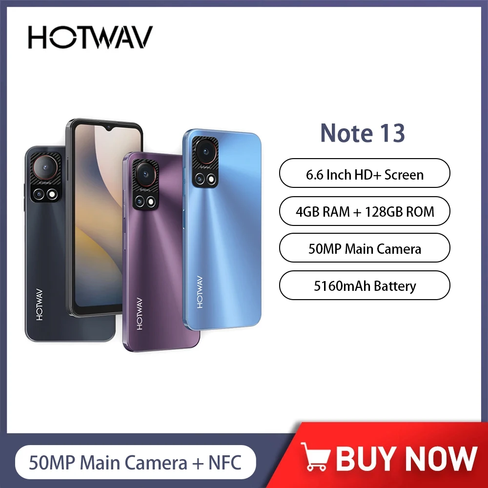 HOTWAV 노트 13 4G 스마트폰, 안드로이드 6.6 인치 HD + T606 옥타코어, 4GB + 128GB 휴대폰, 50MP 카메라, 5160mAh 배터리 휴대폰