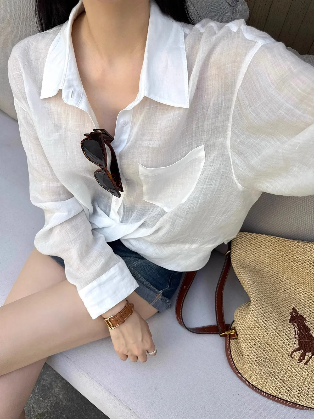 

Женская свободная накидка-рубашка ZhouMiao с длинным рукавом, тонкая, прозрачная, с защитой от солнца, из льняного материала, с поясом и узлом, летняя