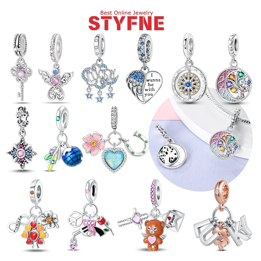 

925 Silver Charm Color Lucky Cloud Zircon Wishing Tree Moon Tree of Life Heart-shaped Wings Bead Pendant Fits Bracelet Jewelry