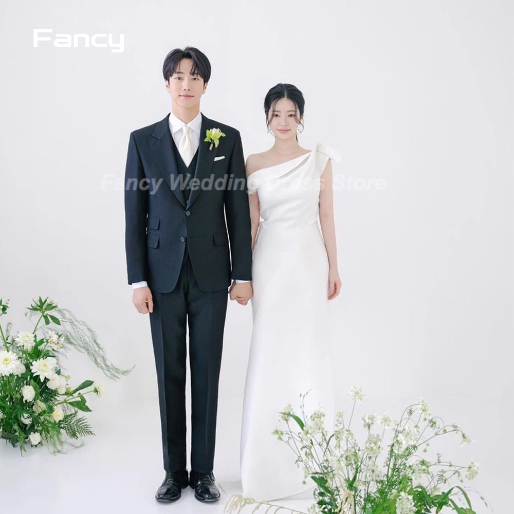 Fancy Simple Korea Wedding Dress abito da sposa monospalla una linea abito da sposa in raso morbido per servizio fotografico su misura