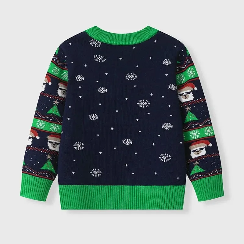 2026 Autumn Winter New Christmas Costume Cartoon Sweater Printed Long Sleeved Round Neck Alpaca Pullover for Boys Girls Outfits