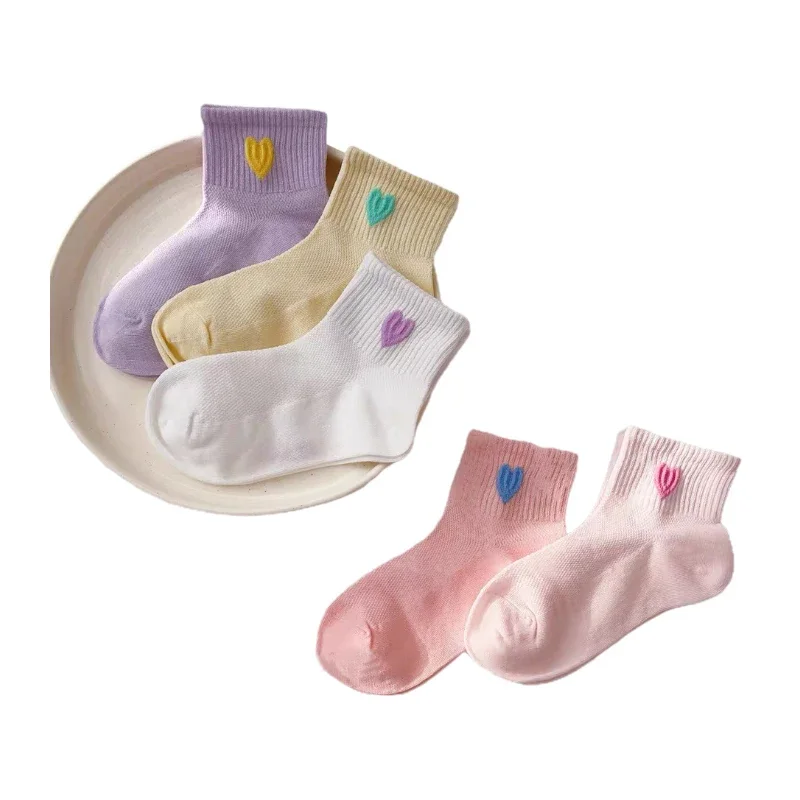 5 أزواج من الجوارب القطنية لمنتصف الساق للفتيات تصميم شبكي ملون عادي بألوان الحلوى أنماط قلب لطيفة جوارب مريحة للفتيات #6