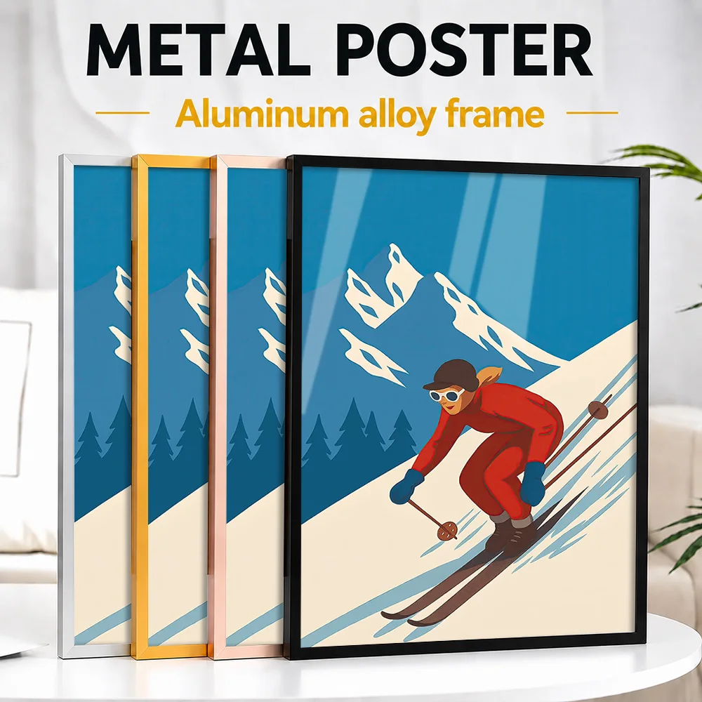 Vintage Skiing Metal Poster With Aluminum Alloy Frame Personalized Photo Bold Snow Style Wall Art For Cabin Memorable Fan Gift