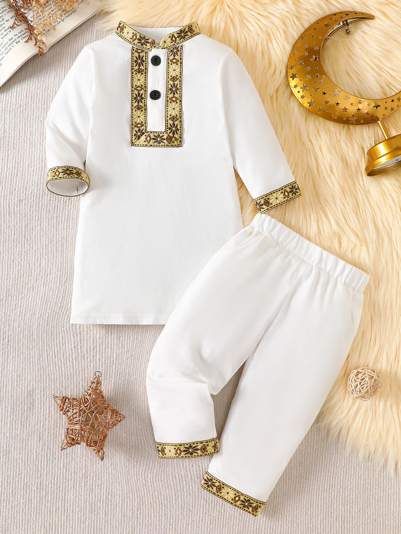 IURNXB Boys Middle Eastern Traditional Thobe Robe Dubai Festival Dress Pants Golden Trim Muslim Children Ethnic Clothes Set 1-3Y