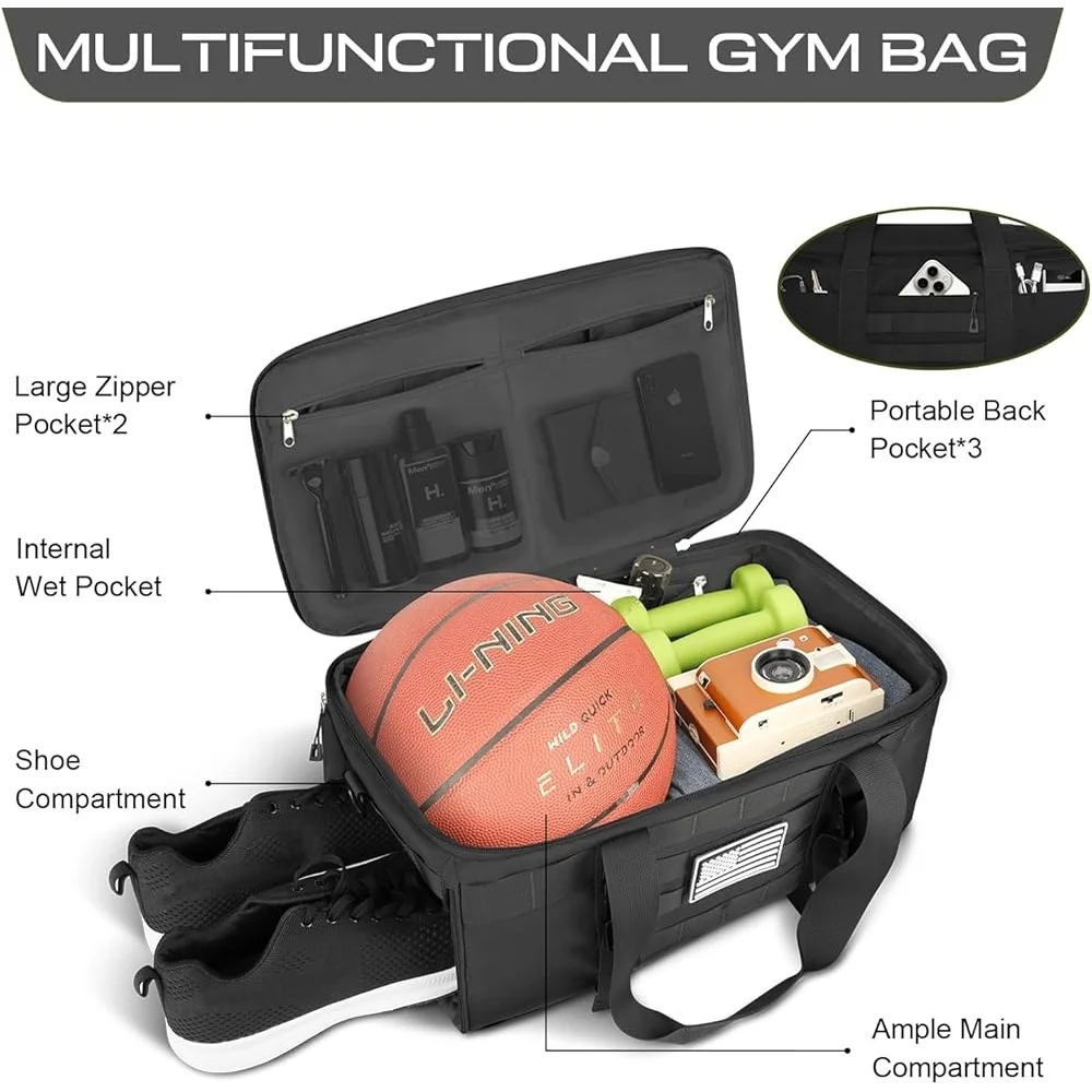 

Multifunctional Gym Bag Tactical Duffle Backpack with Shoe Compartment Wet Pocket Travel Carry on Bag Sports Outdoor Activities