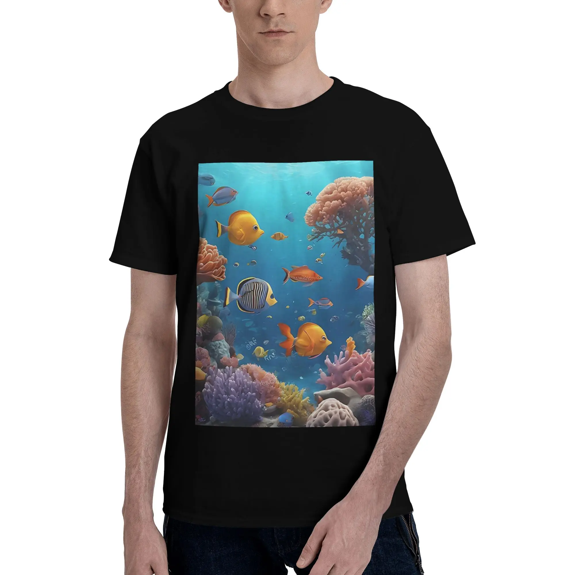 

Underwater world with coral reef Tropical Fish 100% Cotton T-Shirt Men's Oversized T Shirts Men O-Neck Short Sleeve S-6XL