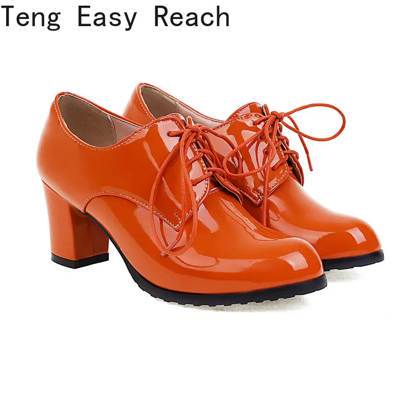 2023 Spring Patent PU Leather Orange Green Lace-up Office Working Woman Shoes Thick High Heeled Derby Oxfords Pumps Heels Woman