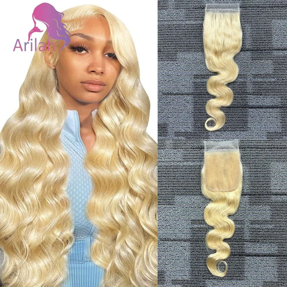 613 Rubio 4x4 Cierre de encaje transparente Invisible Skinlike Cierre de encaje 12A Grado onda del cuerpo cabello humano prearrancado con pelo de bebé