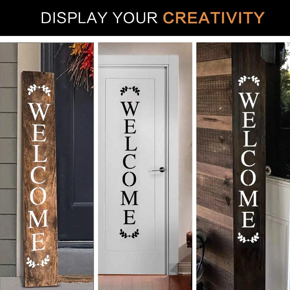 Welcome Sign Stencil, Large Letter Stencils for Painting on Wood Reusable Porch Sign and Front Door Vertical Decorating