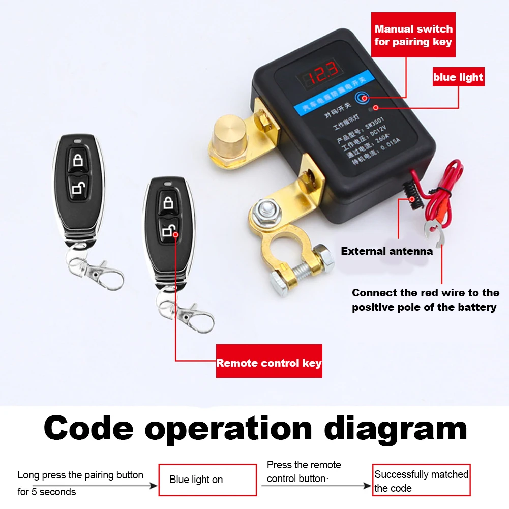 12V 260A Remote Battery Disconnect Switch Automatic Power Shut Off Switch Car Truck Battery Remote Control Power Cut-Off Switch