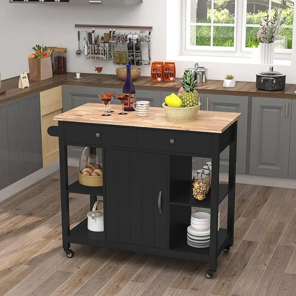 

Kitchen Island on Wheels, Wooden Top, with Storage Space and Drawers, Black, Practical Wooden Movable Kitchen Trolley