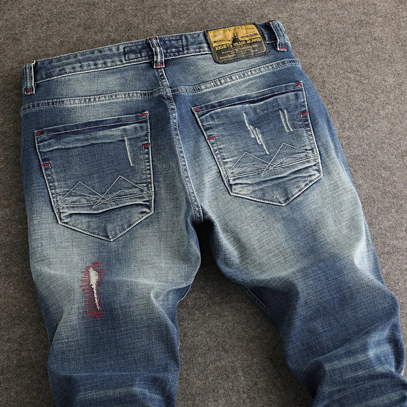 Street Fashion Men Jeans High Quality Retro Blue Stretch Slim Fit Ripped Jeans Men Embroidery Designer Vintage Denim Pants Homme