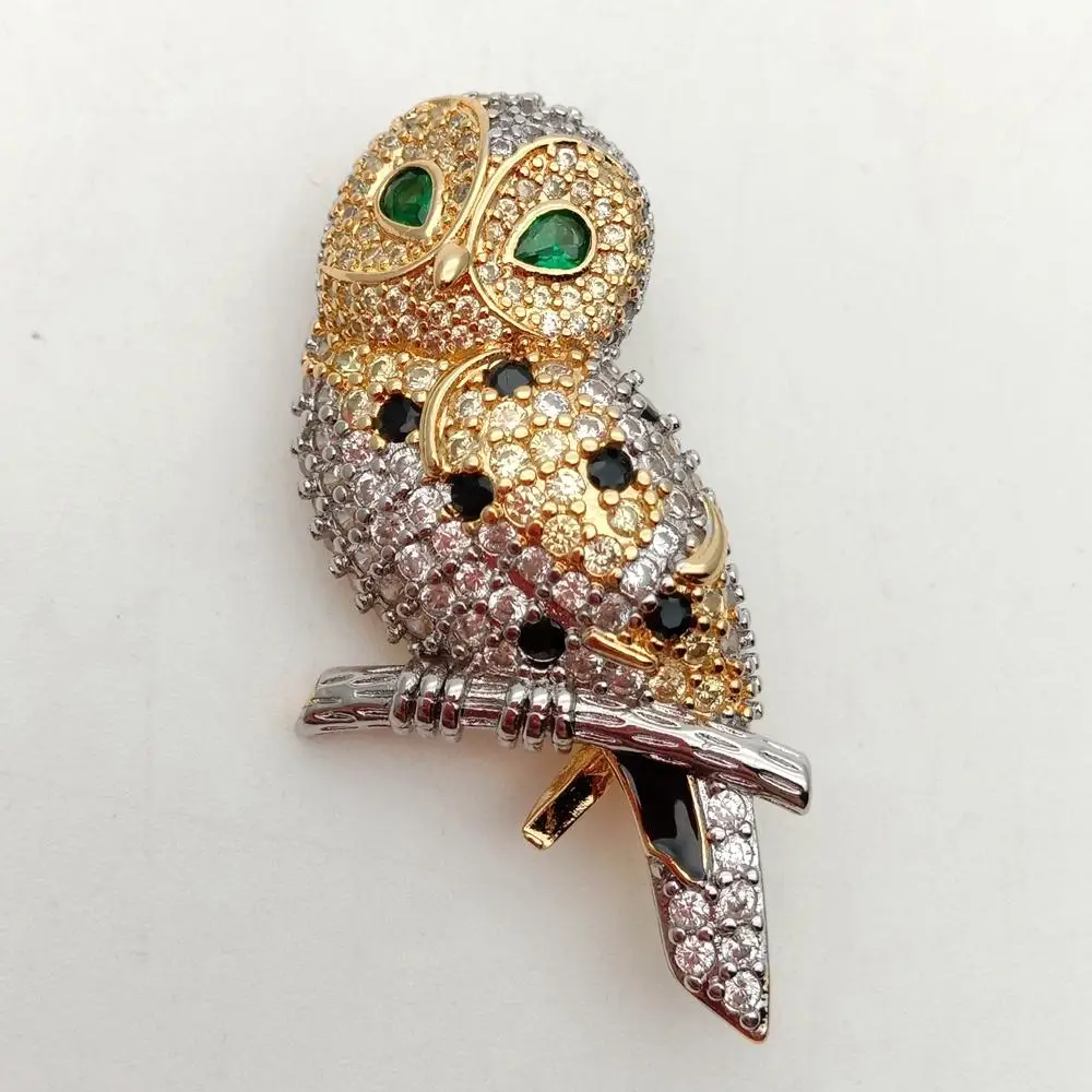 Owl Cubic Zirconia Pave Gold Color Plated Brooch Pin - Bird CZ Brooch Animal Jewelry