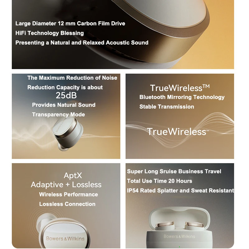 سماعات رأس Bowers&Wilkins B&W Pi8 True Wireless Active Noise Canceling، تصنيف مقاوم للماء IP54، سماعات أذن